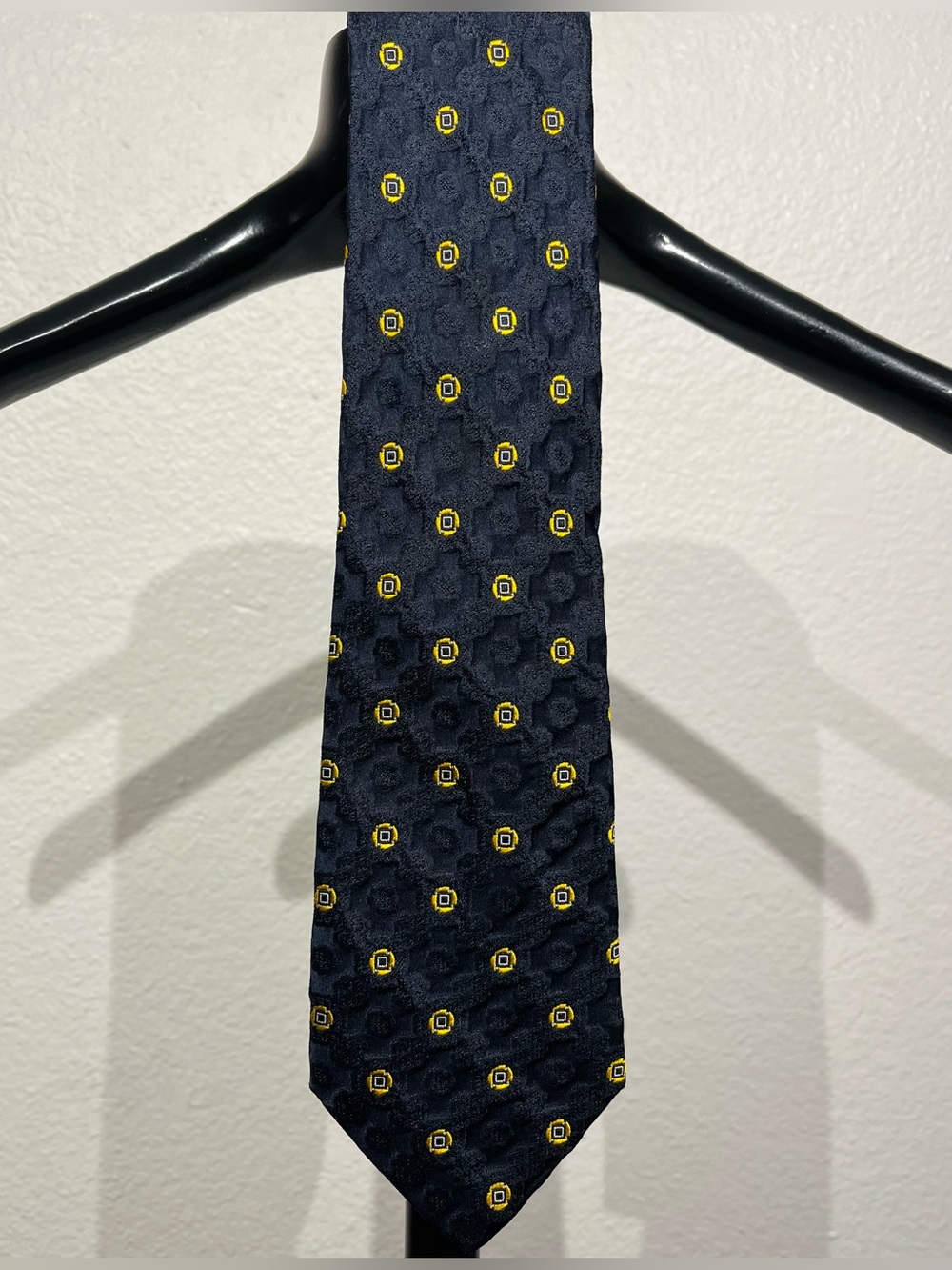 Vintage Gordon Selfridge Black Tie with Yellow Medallion Pattern - Made in Italy